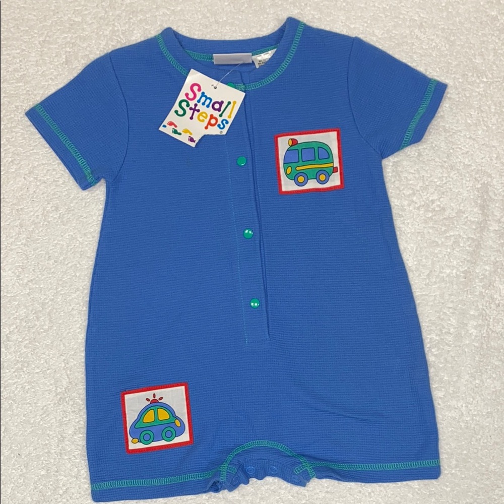 NWT small steps Blue Baby summer Romper with Car Patches 18m